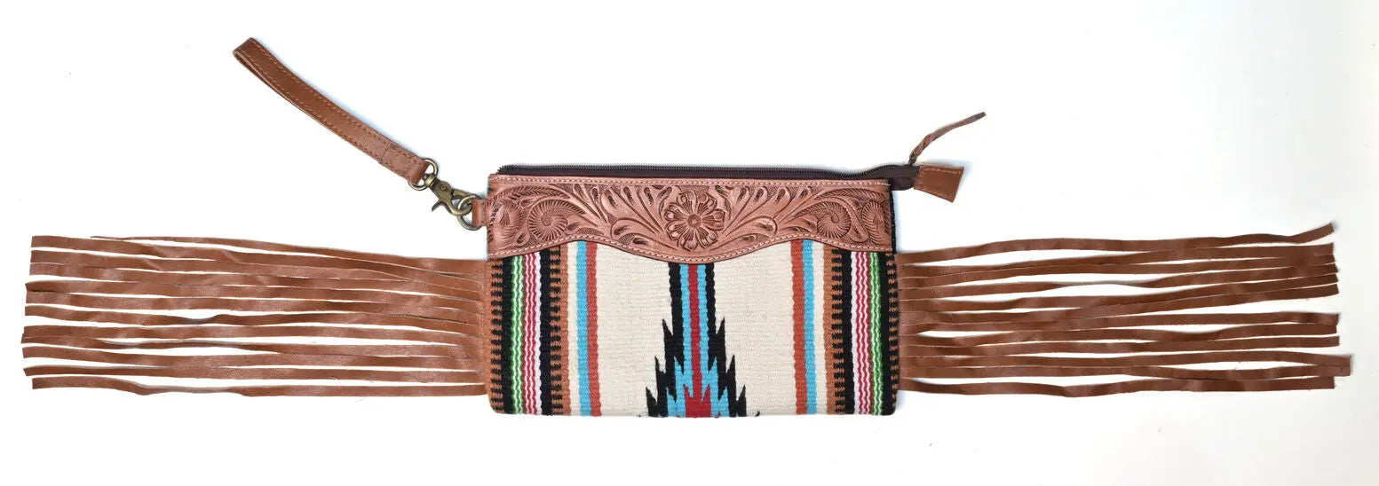 Western Saddle Blanket Hand Tooled Genuine Leather Clutch Wrist Bag - abitoamerica